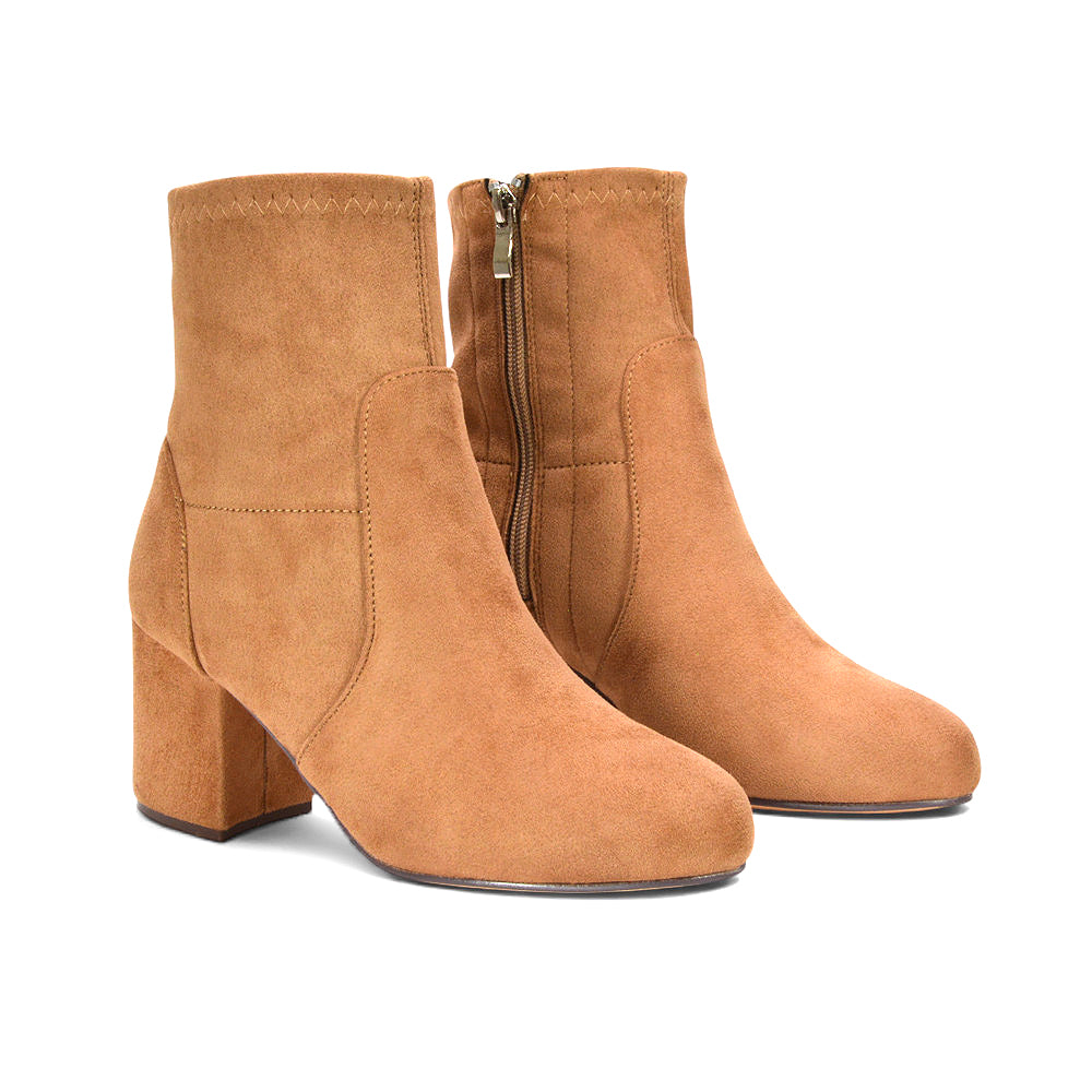 taupe faux suede block heel ankle boots, women's taupe faux suede ankle boots, taupe block heel zip ankle boots, taupe side zip block heel boots