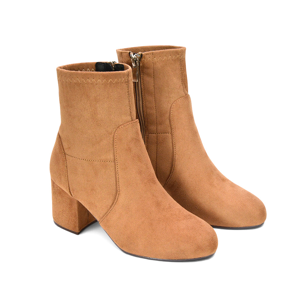 taupe round toe ankle boots, taupe block heel ankle boots for women, comfortable taupe heeled ankle boots, taupe faux suede heeled boots
