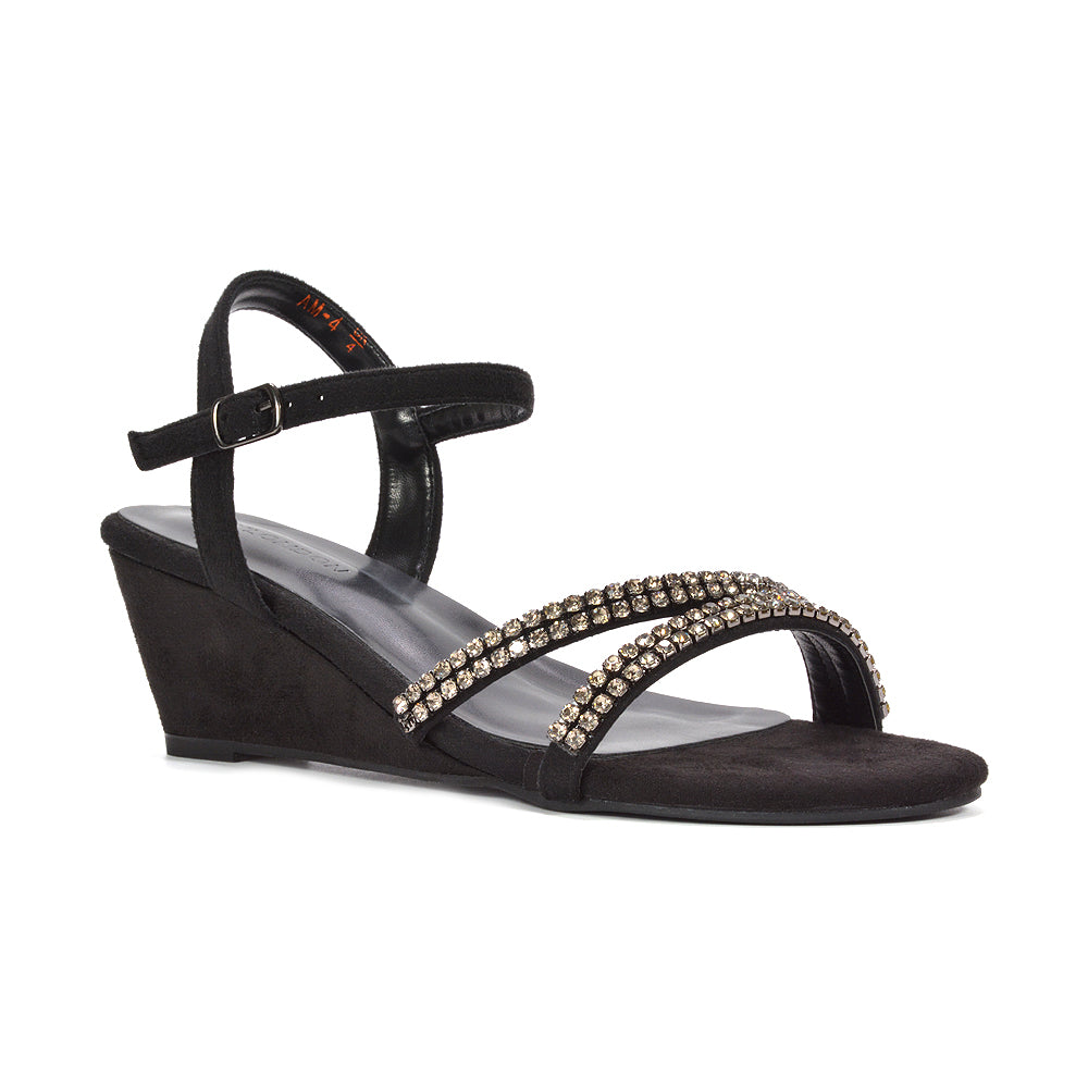 Black wedge sandals for wedding guests, Black diamante wedge sandals for weddings and parties, Black diamante sandals