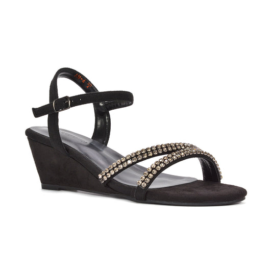 Black wedge sandals for wedding guests, Black diamante wedge sandals for weddings and parties, Black diamante sandals