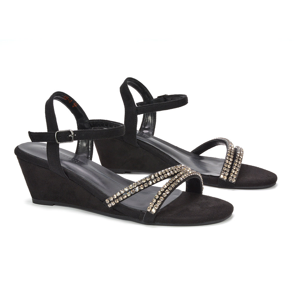 Black strappy wedge sandals, Elegant black strappy wedge sandals with rhinestone details, Affordable black strappy wedge sandals