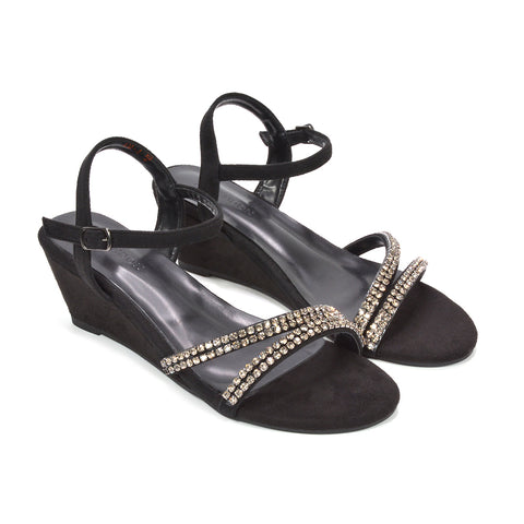 Women's black wedge sandals, Black sparkly wedge sandals for evening wear, Black evening wedge sandals sale