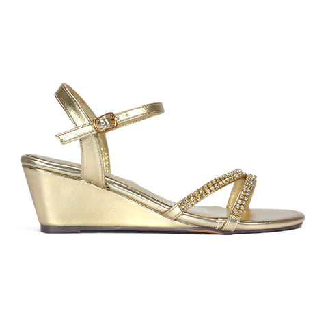 Gold wedge sandals, Women's gold mid wedge heel strappy diamante sandals, Gold wedding guest sandals