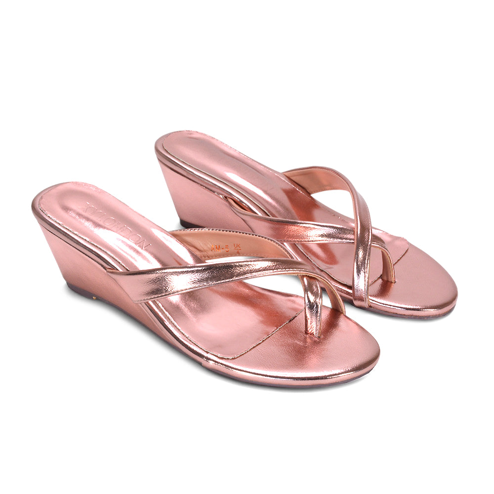 rose gold sandals with low wedge heel, metallic rose gold wedge sandals, rose gold summer sandals