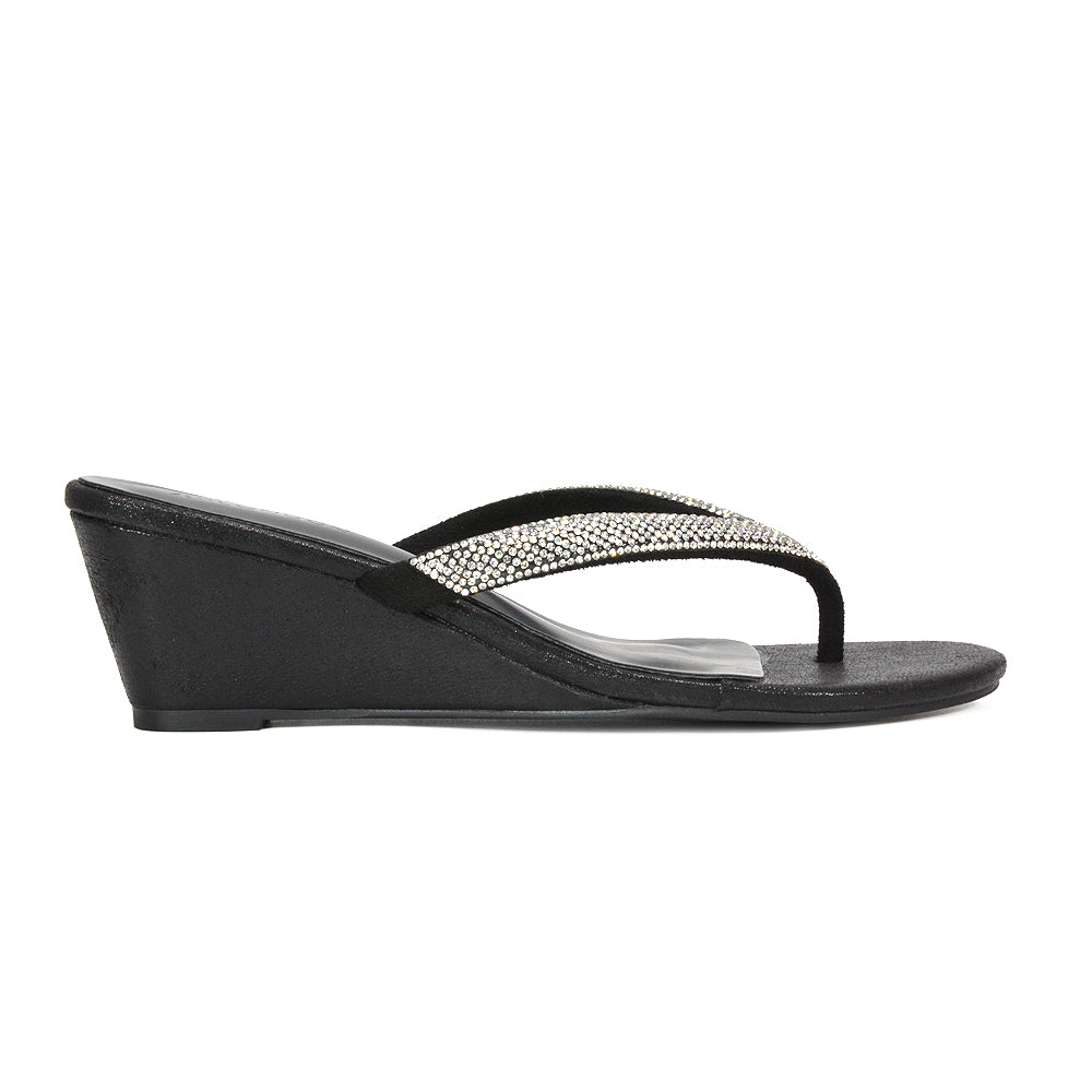 black low heel sparkly flip flop wedge sandals for women, black sparkly wedge flip flops for weddings, black glitter strap low heel flip flop sandals, buy black sparkly flip flop wedge sandals online