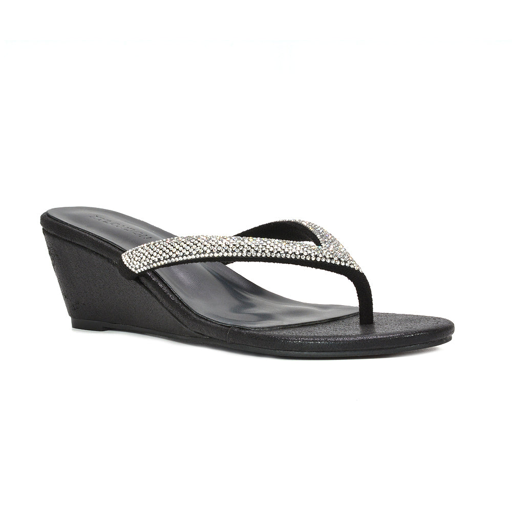best black glitter wedge sandals for women, black rhinestone thong wedge sandals for women, black glitter sandals for evening party outfits, black glitter wedge flip flop sandals for ladies