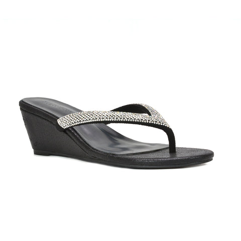 best black glitter wedge sandals for women, black rhinestone thong wedge sandals for women, black glitter sandals for evening party outfits, black glitter wedge flip flop sandals for ladies