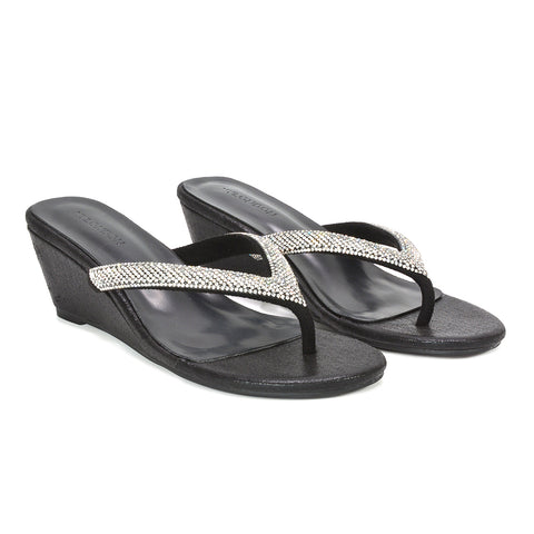 affordable black sparkle sandals for ladies, black sparkly platform flip flops with comfort sole, black low heel sandals for summer holidays, women’s black sparkly low wedge heel sandals