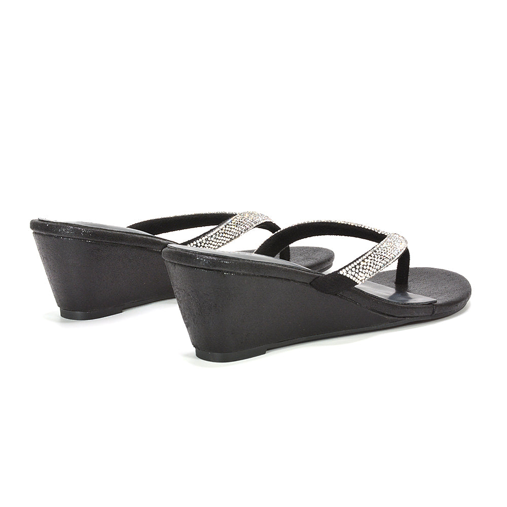 comfortable black rhinestone flip flop wedge sandals, black rhinestone flip flop sandals for beach vacation, black glitter wedge sandals, trendy black low heel sandals 2026