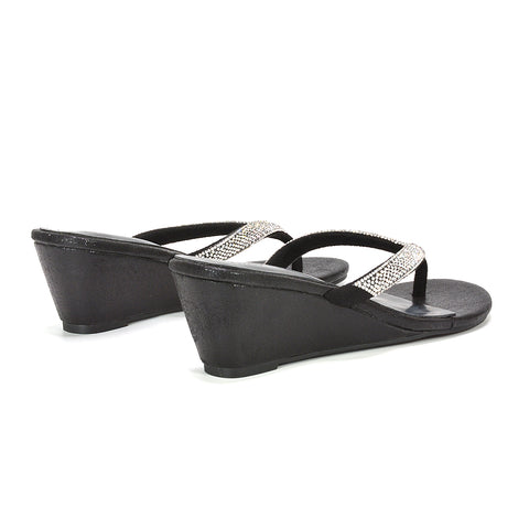 comfortable black rhinestone flip flop wedge sandals, black rhinestone flip flop sandals for beach vacation, black glitter wedge sandals, trendy black low heel sandals 2026