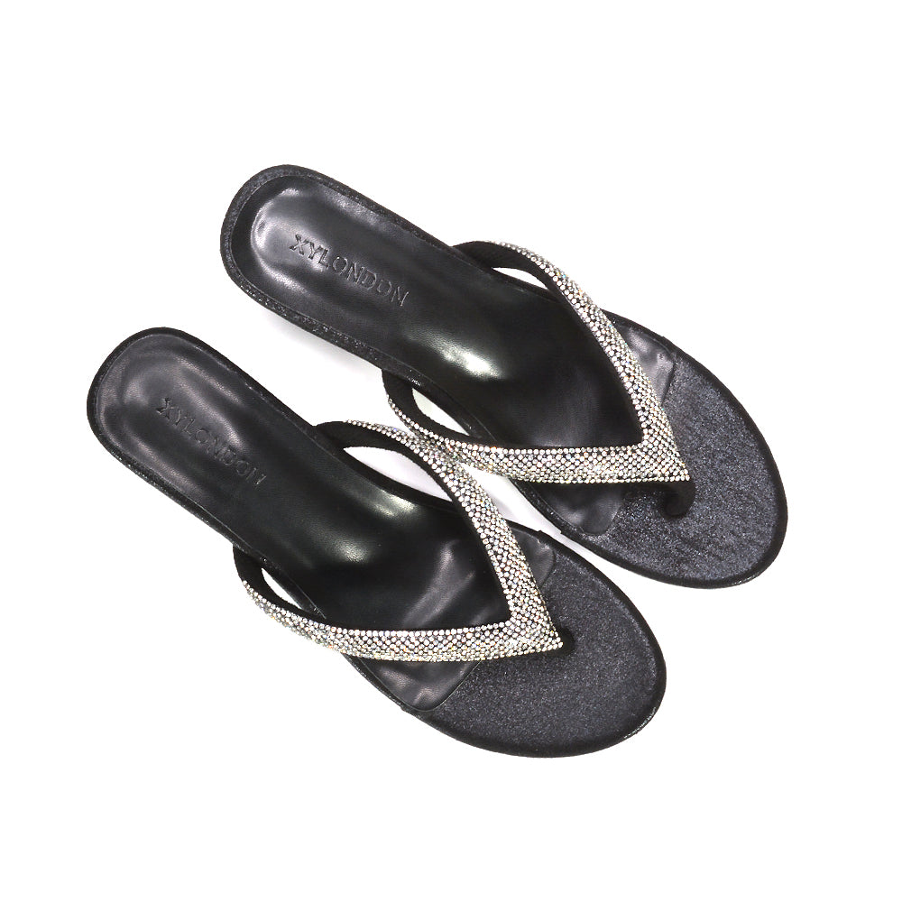 black crystal embellished wedge flip flops for women, stylish black sparkle wedge sandals for summer, black crystal strap flip flop sandals, 