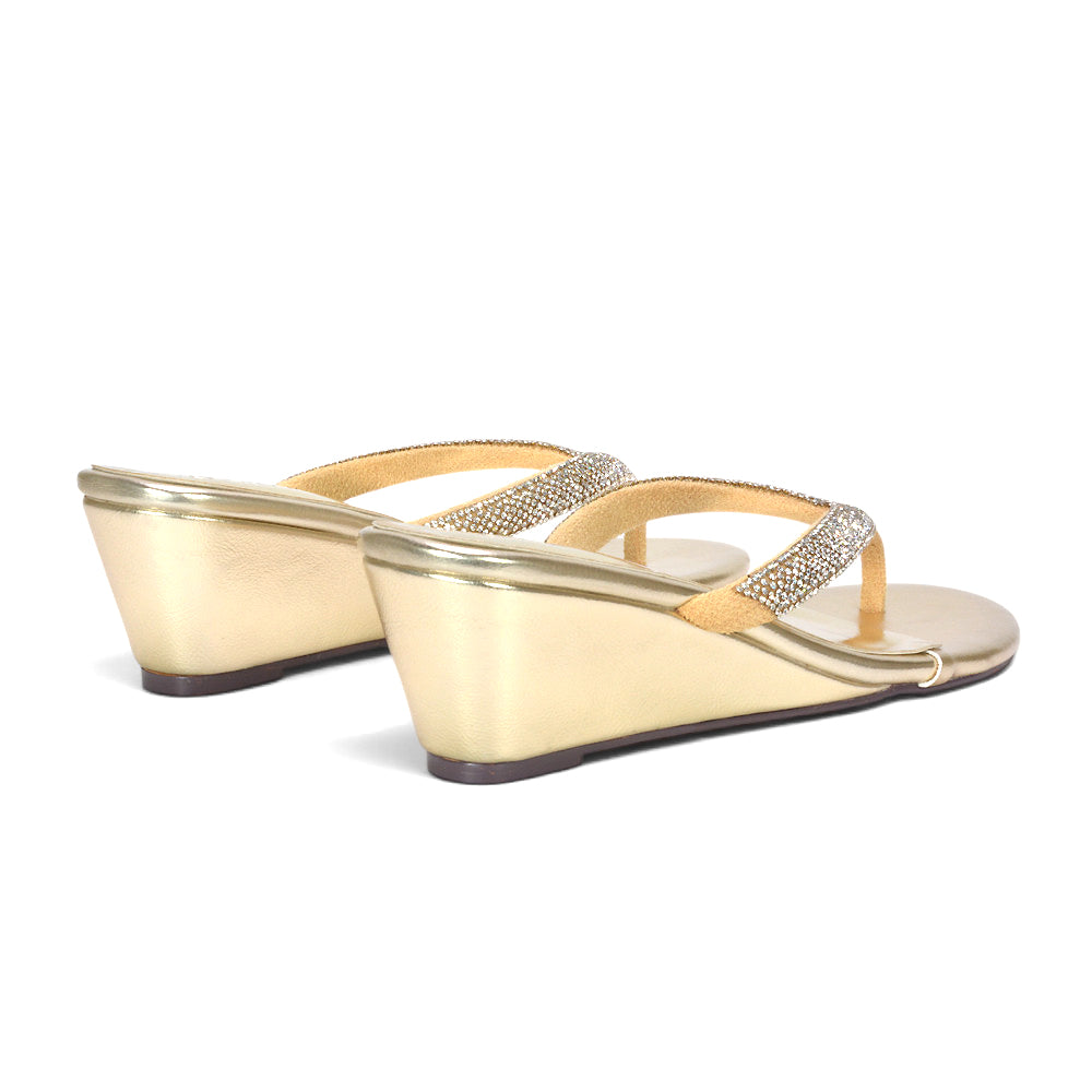 gold bridal flip flop wedge sandals for women, gold wedding guest wedge sandals with glitter, gold holiday flip flop sandals for women, gold beach vacation wedge sandals