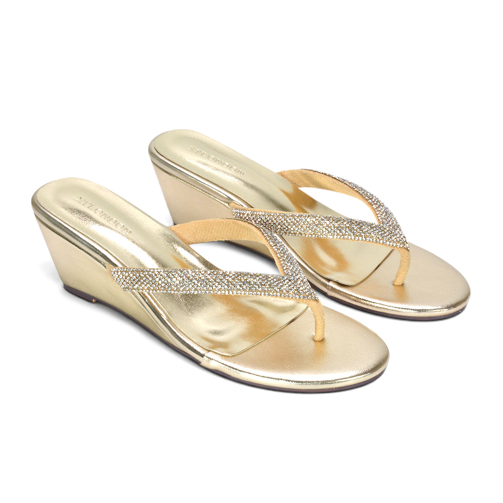gold summer sparkle sandals for ladies, gold dressy flip flop sandals with low wedge heel, gold open toe glitter wedge sandals, gold thong wedge sandals with rhinestone straps