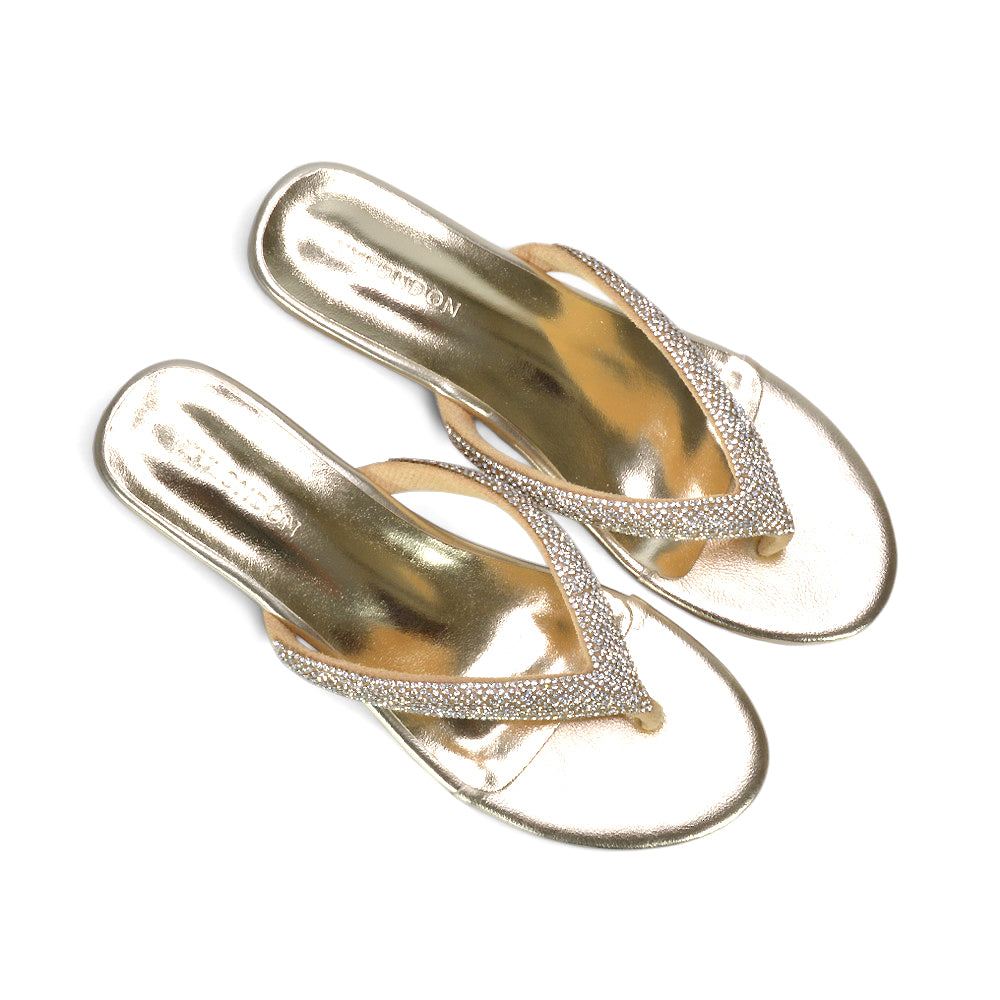 gold summer party sandals for ladies, gold sparkle wedge sandals, gold flip flop sandals for vacation, gold low wedge sandals for women