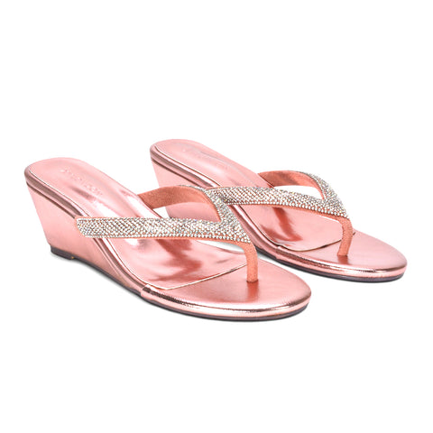 rose gold party shoes with wedge heel, rose gold evening flip flop sandals, rose gold dress sandals for women, rose gold vacation sandals with sparkle