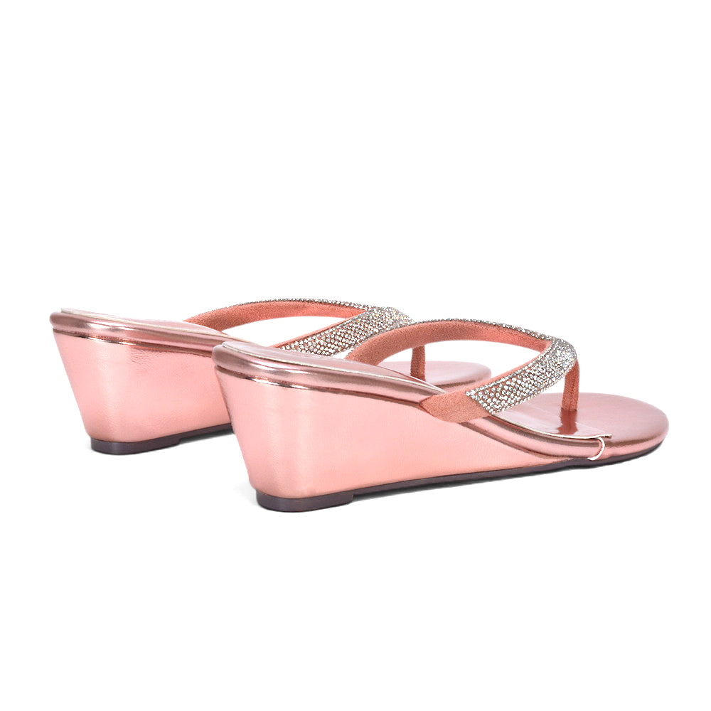 rose gold resort sandals for ladies, rose gold beach style wedge sandals, rose gold holiday footwear for women, rose gold sandals with rhinestones