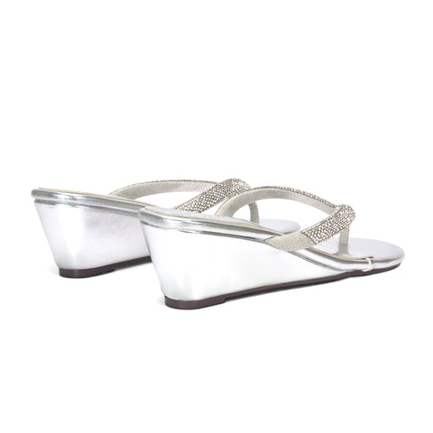 silver wedding guest wedge sandals, silver bridal sandals with glitter straps, silver bridesmaid sandals for women, silver ceremony shoes with low wedge heel