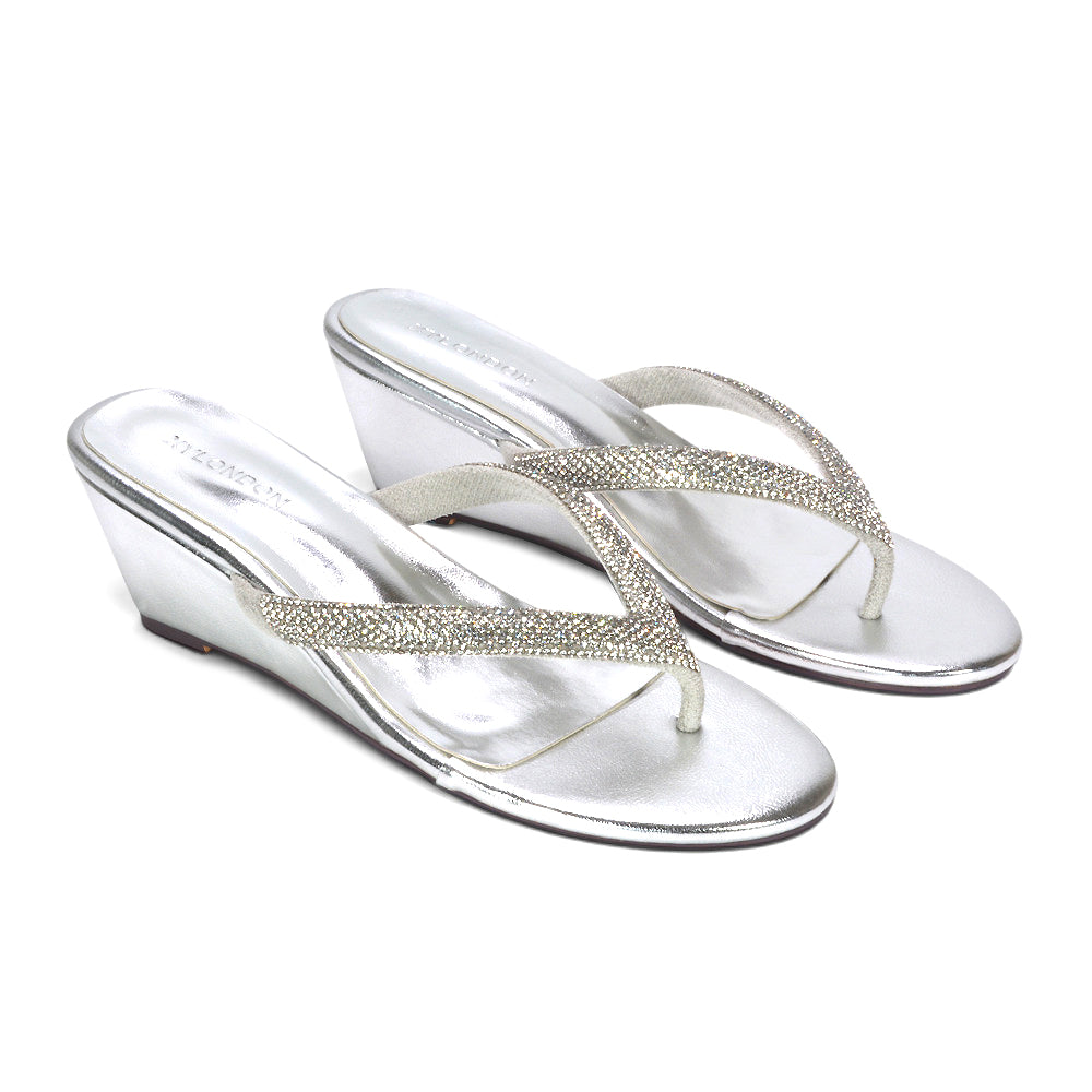 silver summer holiday footwear, silver open toe wedge sandals, silver casual sparkle sandals, silver comfortable wedge flip flops