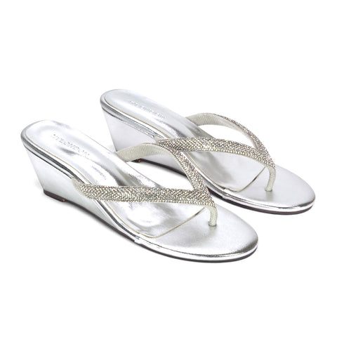 silver summer holiday footwear, silver open toe wedge sandals, silver casual sparkle sandals, silver comfortable wedge flip flops