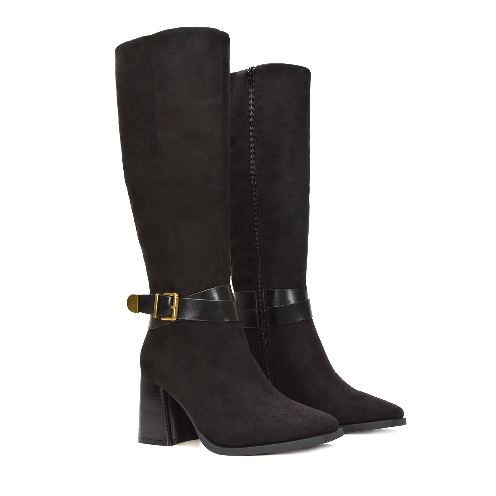 black western boots, black block heeled boots, dress boots for women, trendy autumn boots, everyday comfort heels, knee-high suede boots with strap, 