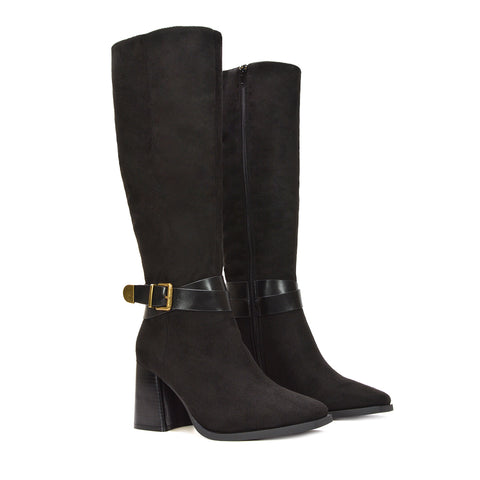 black western boots, black block heeled boots, dress boots for women, trendy autumn boots, everyday comfort heels, knee-high suede boots with strap, 
