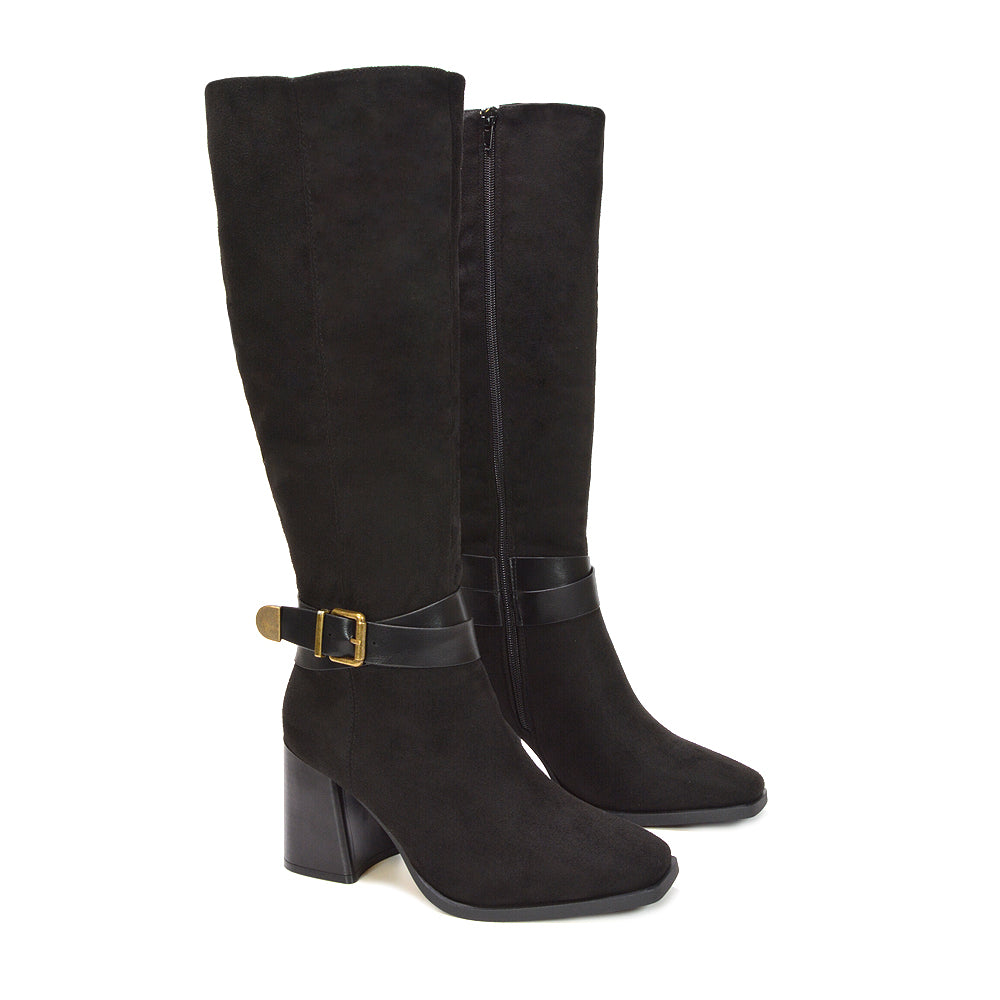 black knee high boots, women's black boots, high heel long boots for women, suede tall boots, office wear boots, comfortable heeled boots