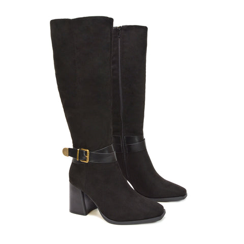 black knee high boots, women's black boots, high heel long boots for women, suede tall boots, office wear boots, comfortable heeled boots