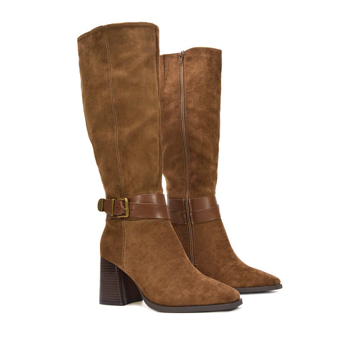 brown knee high boots, women's brown boots, high heel long boots for women, suede tall boots, office wear boots, comfortable heeled boots
