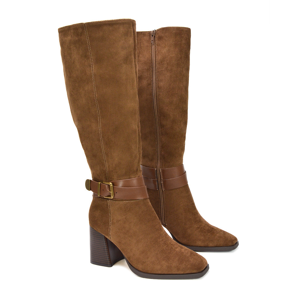 brown western boots, brown block heeled boots, dress boots for women, trendy autumn boots, everyday comfort heels, knee-high suede boots with strap, 