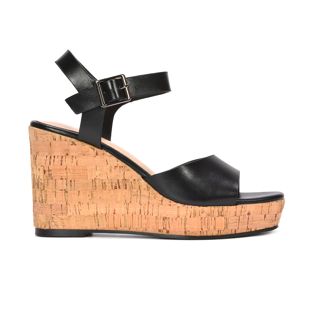 Black strappy platform cork wedge heel sandals, Women's black strappy platform cork wedge heel sandals, Buy black strappy platform cork wedge sandals online, Women's Black Strappy Platform Cork Wedge Heel Sandals