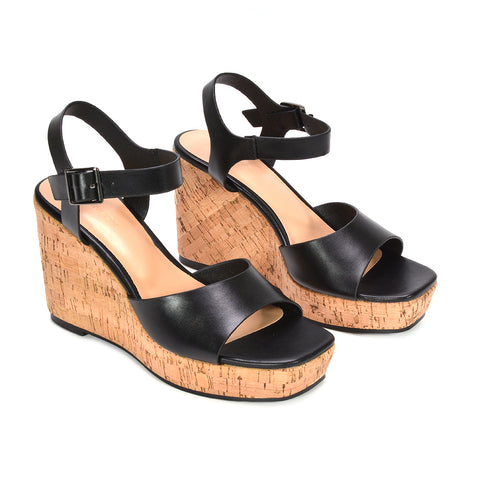 Black strappy wedge heels, Open-toe black strappy wedge heel sandals, Women's black wedge heel sandals online