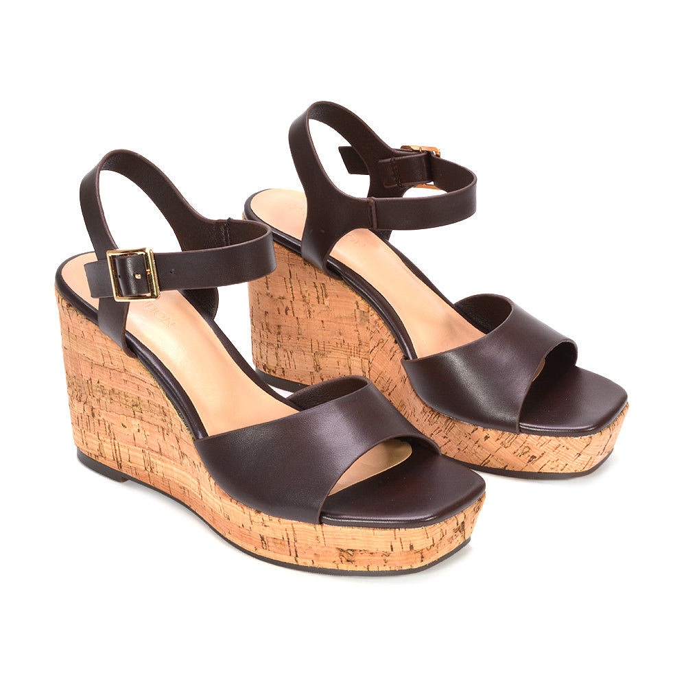 Brown strappy wedge heels, Open-toe brown strappy wedge heel sandals, Women's brown wedge heel sandals online