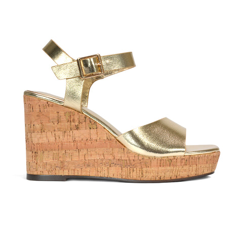 Gold strappy platform cork wedge heel sandals, Women's gold strappy platform cork wedge heel sandals, Buy gold strappy platform cork wedge sandals online