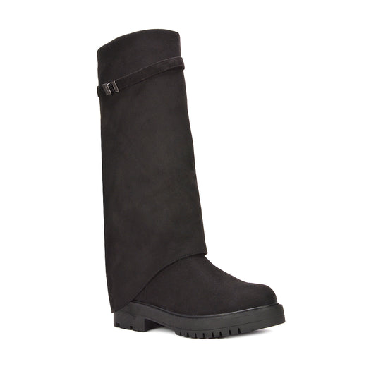 black fold over boots, black knee high fold over boots, fold over boots. knee high fold over boots, women's fold over boots, layered boots, shark boots, biker fold over boots, fold over biker boots