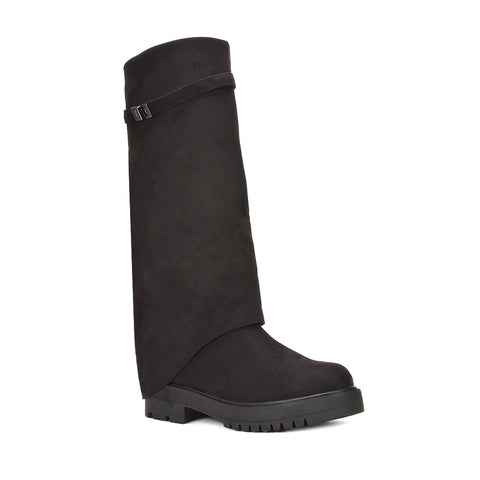 black fold over boots, black knee high fold over boots, fold over boots. knee high fold over boots, women's fold over boots, layered boots, shark boots, biker fold over boots, fold over biker boots