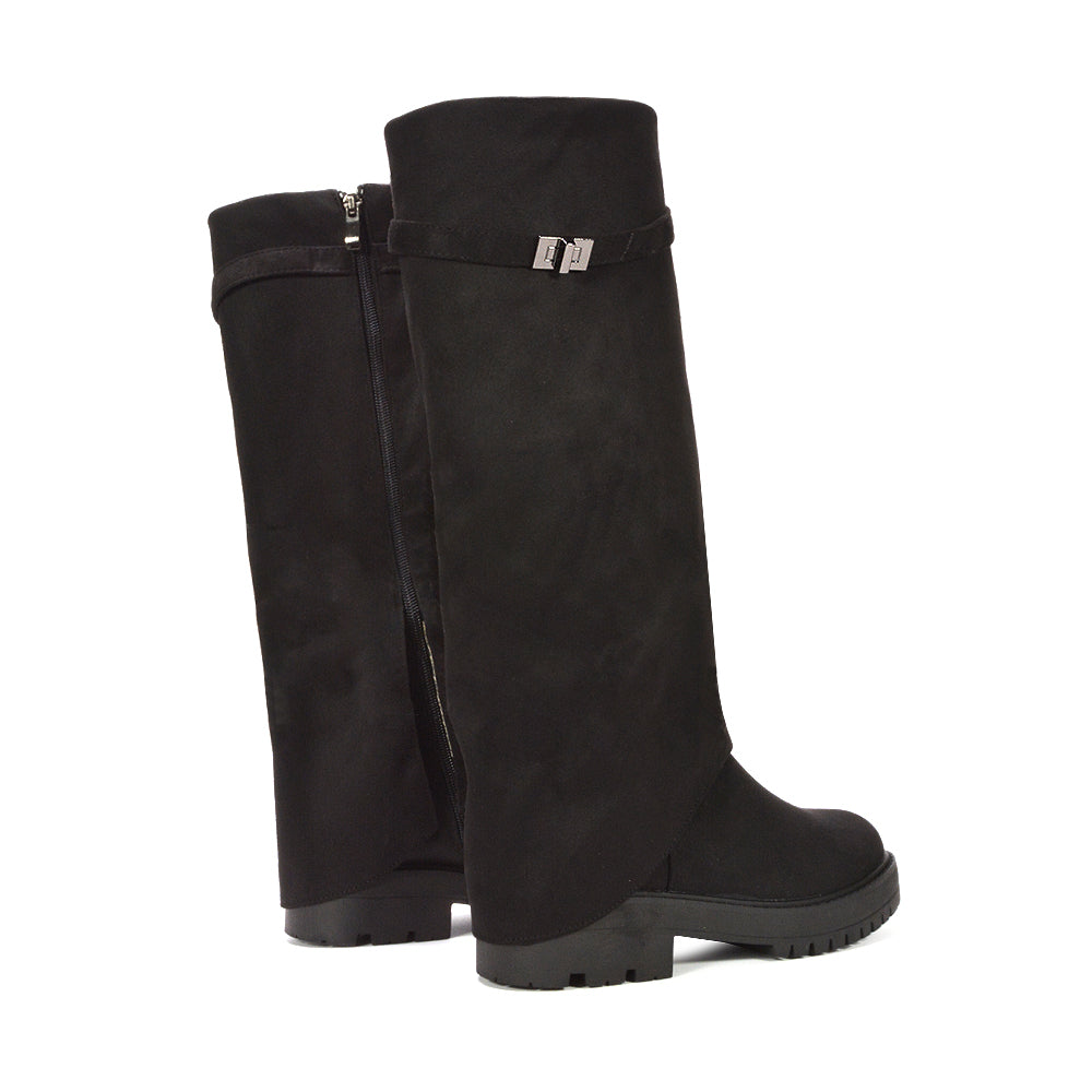 black tall boots with buckle strap, black over-the-knee boots for winter, fold-over knee boots for modern outfits, long boots