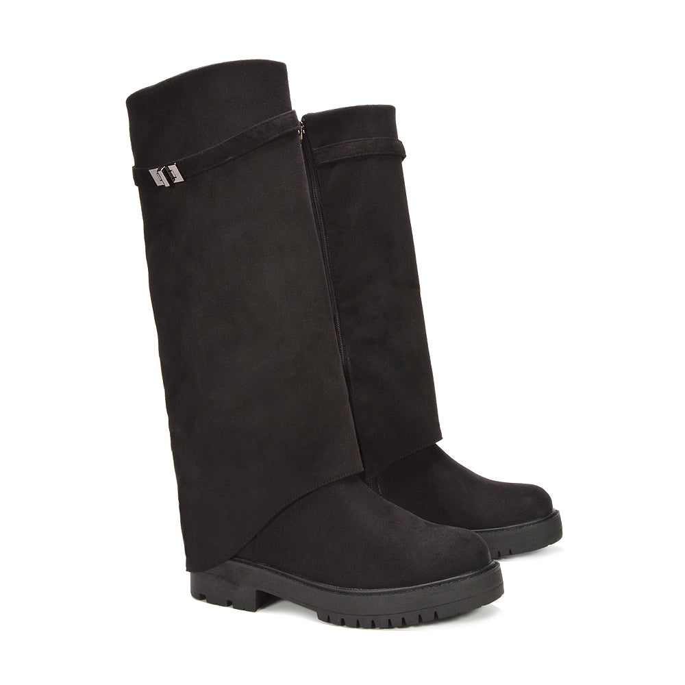 fold-over leather look boots for ladies, black slip-on knee boots women’s fashion, boots for women, boots for going out