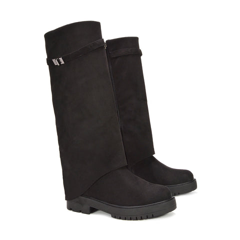 fold-over leather look boots for ladies, black slip-on knee boots women’s fashion, boots for women, boots for going out