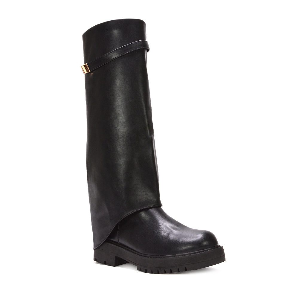 black fold over boots, black knee high fold over boots, fold over boots. knee high fold over boots, women's fold over boots, layered boots, shark boots, biker fold over boots, fold over biker boots