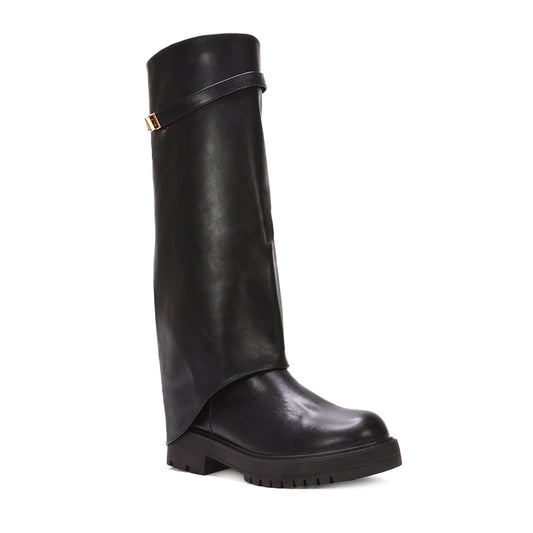 black fold over boots, black knee high fold over boots, fold over boots. knee high fold over boots, women's fold over boots, layered boots, shark boots, biker fold over boots, fold over biker boots
