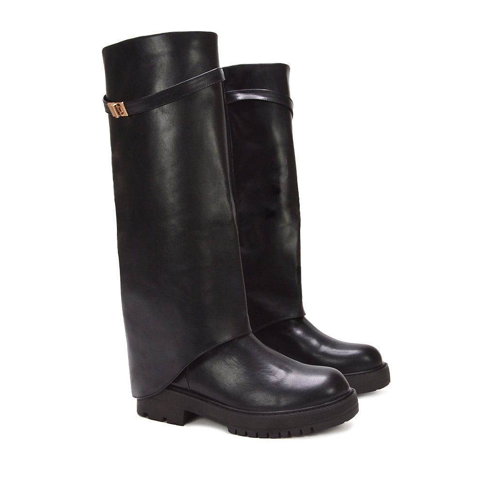 black tall boots with buckle strap, black over-the-knee boots for winter, fold-over knee boots for modern outfits, long boots