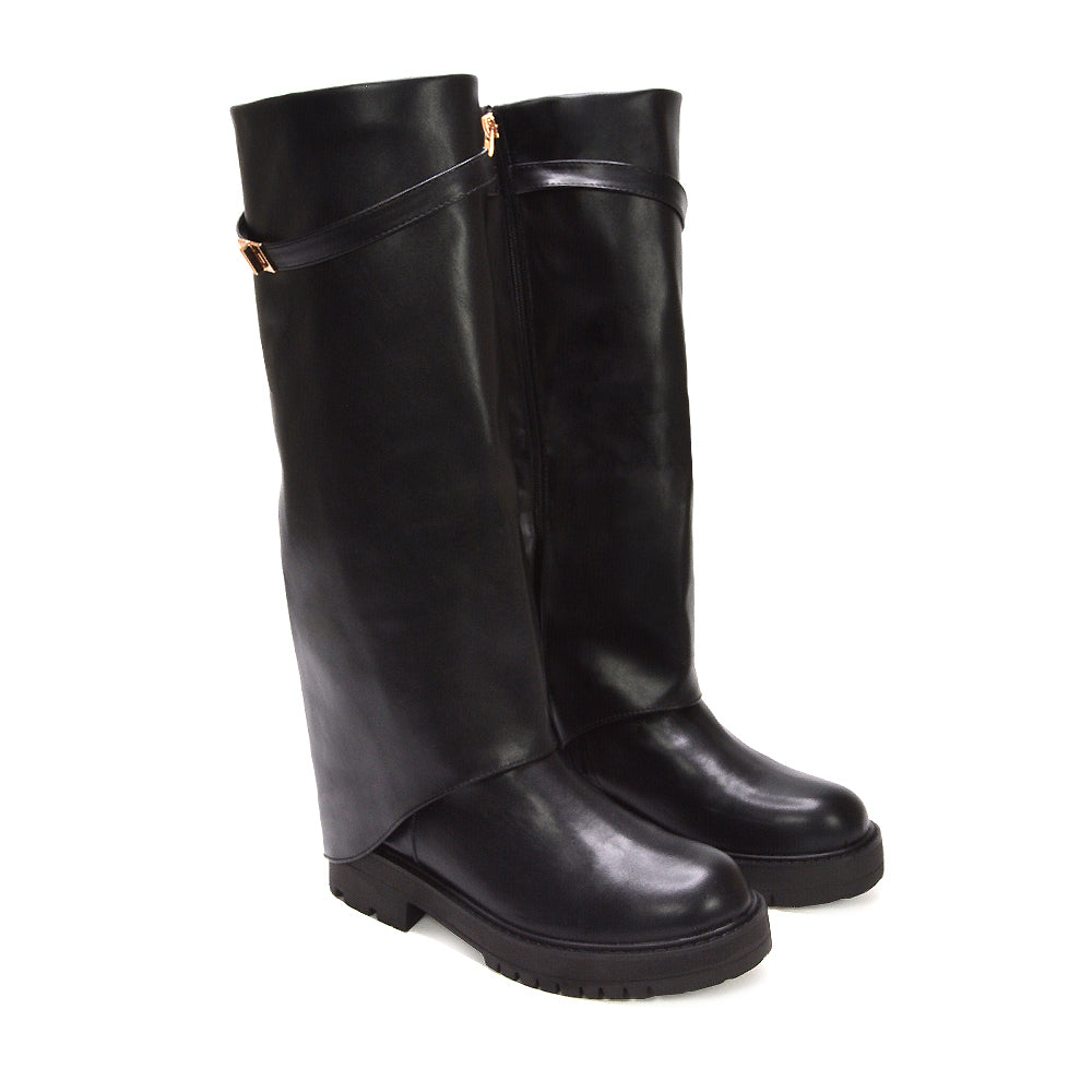 fold-over leather look boots for ladies, black slip-on knee boots women’s fashion, boots for women, boots for going out