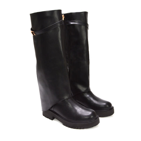 fold-over leather look boots for ladies, black slip-on knee boots women’s fashion, boots for women, boots for going out