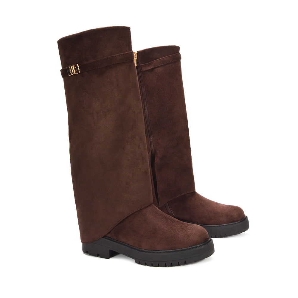 brown tall boots with buckle strap, brown over-the-knee boots for winter, fold-over knee boots for modern outfits, long boots