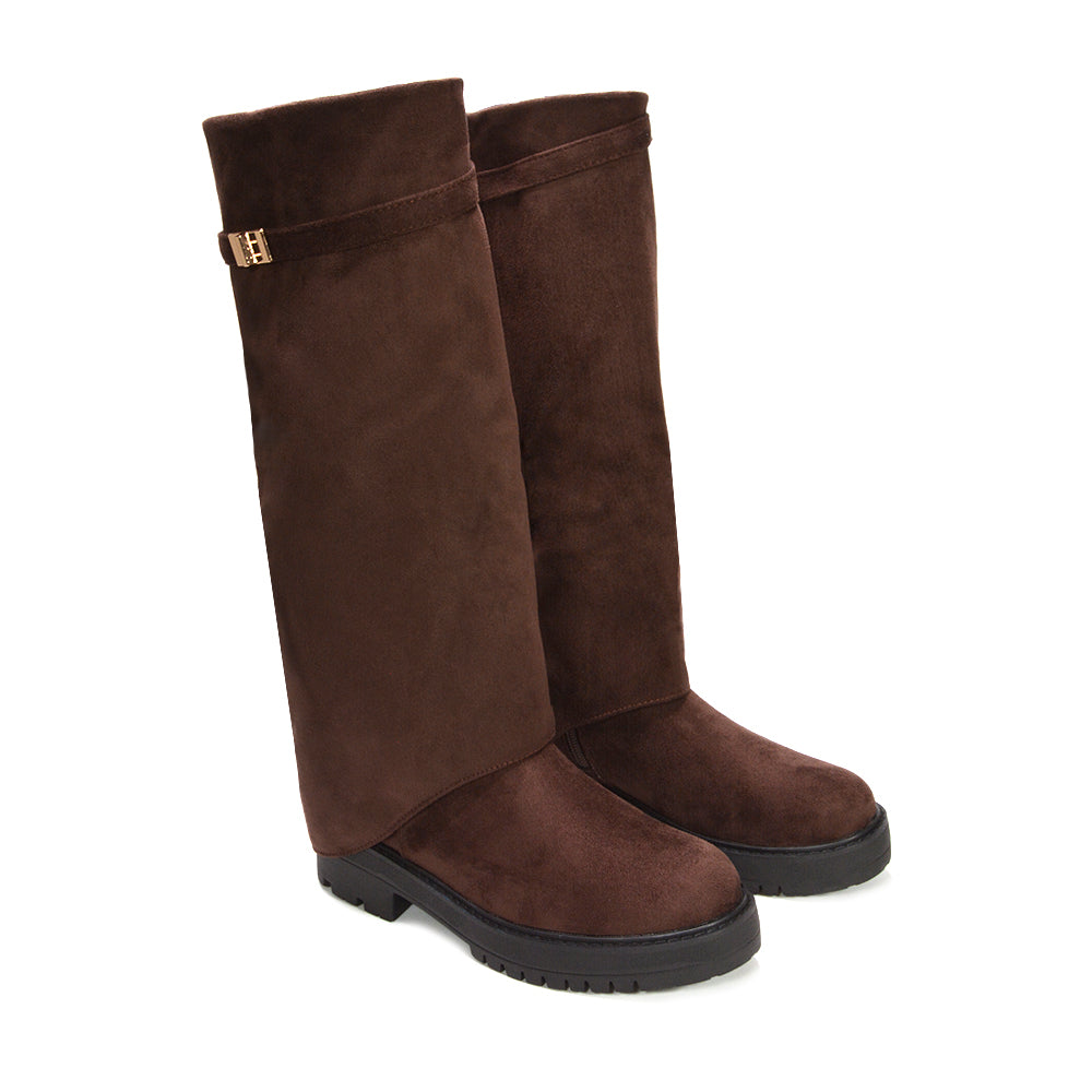 fold-over leather look boots for ladies, brown slip-on knee boots women’s fashion, boots for women, boots for going out