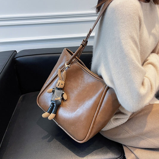 khaki tote bag with bag charm, khaki shoulder bag with bag charm, bag charms