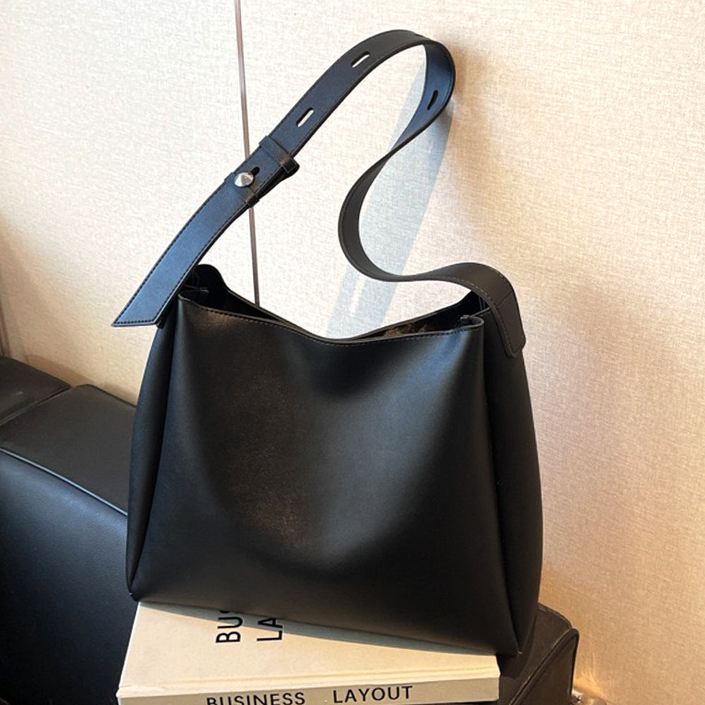 black leather look tote bag, black tote bag with strap, leather look tote bag, tote bag with strap