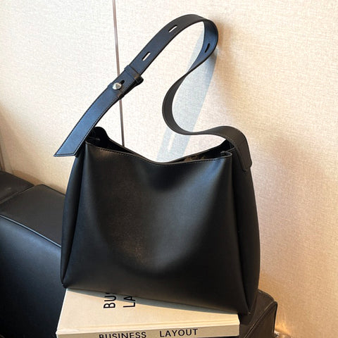 black leather look tote bag, black tote bag with strap, leather look tote bag, tote bag with strap