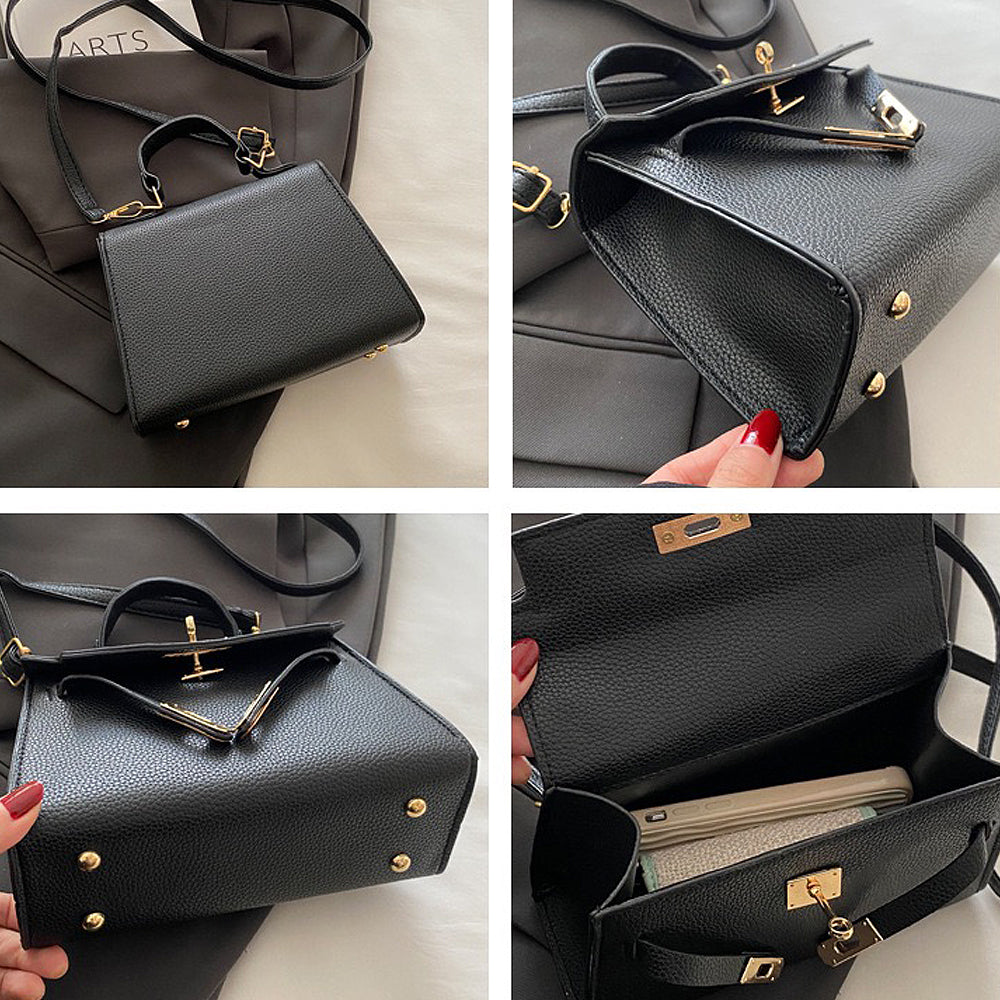 Black handbag with gold hardware, Chic black purse for formal occasions, Small black purse