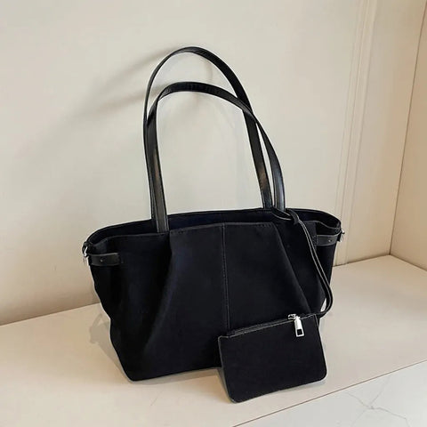 Black faux suede tote bag, Women's black handbag, Vegan suede handbag, 
